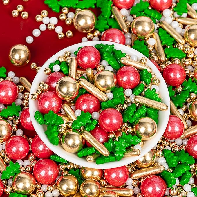 Christmas Tree Sprinkles for Cake Decorating,130g Red Gold and White Pearl,Gold Rods Green Trees Mixed,Edible Sugar Holiday sprinkle for Cupcake Toppers, Cookie, Ice Cream Decorations Christmas Party Supplies