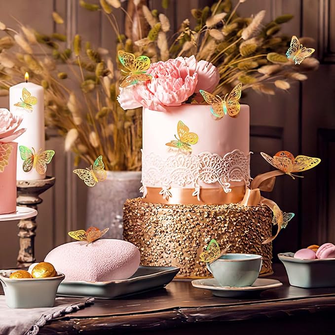 72 Pcs Butterfly Decorations, 3 Sizes 3 Styles, Butterfly Wall Decor, Butterfly Party Decorations, Birthday Decorations, Butterflies for Crafts, Cake Decorating, Wall Stickers Room Decor(Rainbow Gold)