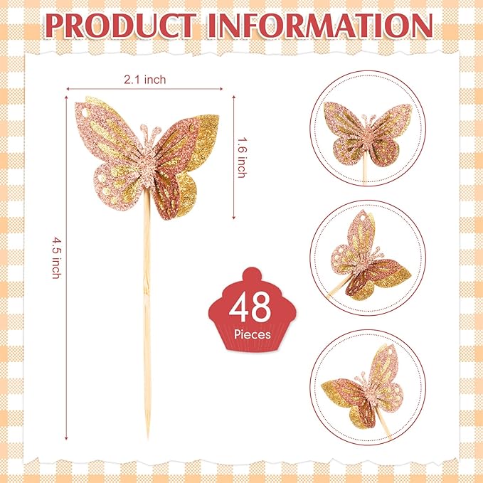 Chinco 48 Pcs Butterfly Cupcake Toppers Assembled Double Layer Cupcake Topper 3D Glitter Cake Topper Butterfly Cocktail Pick Decoration for Baby Shower Birthday Wedding(Gold,Retro Style)