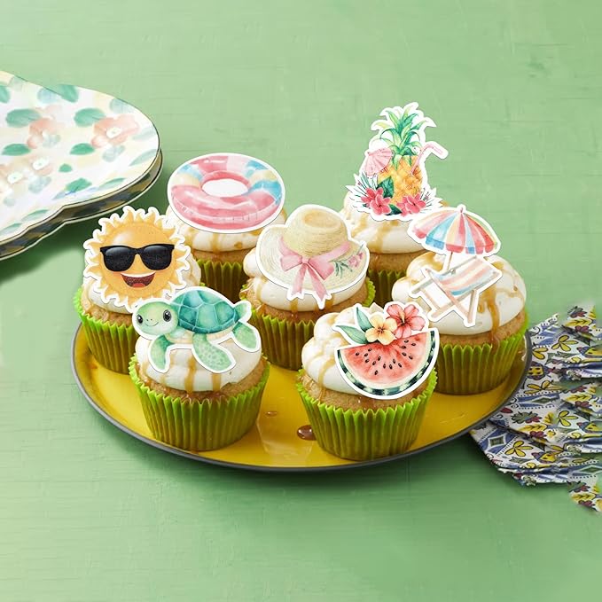 60 Pack Edible Summer Beach Theme Cake Topper Umbrella Chair Palm Tree Watermelon Pineapple Cake Pick Hawaiian Beach Cupcake Decorations for Baby Shower Birthday Wedding Party Supplies