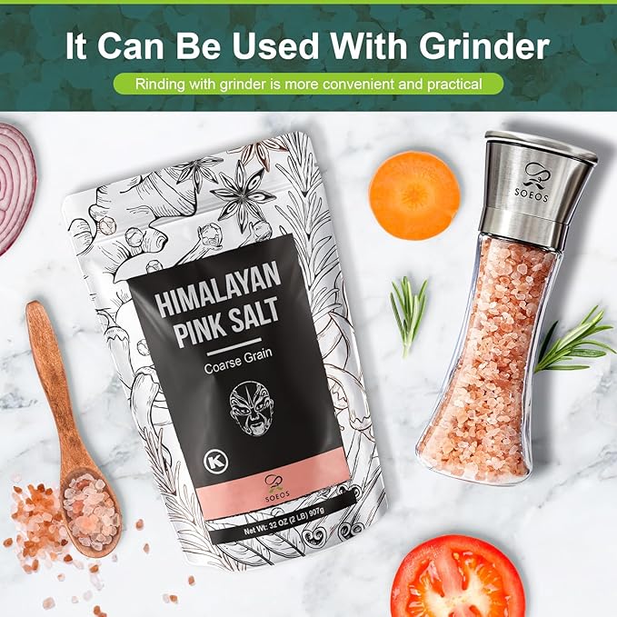 Soeos Himalayan Pink Salt, Coarse Grain, 2 Pound (32 Oz), Pink Himalayan Sea Salt, Himalayan Salt Coarse Salt, Pink Salt for Grinder Refill, Kosher & Natural Certified, Healthy