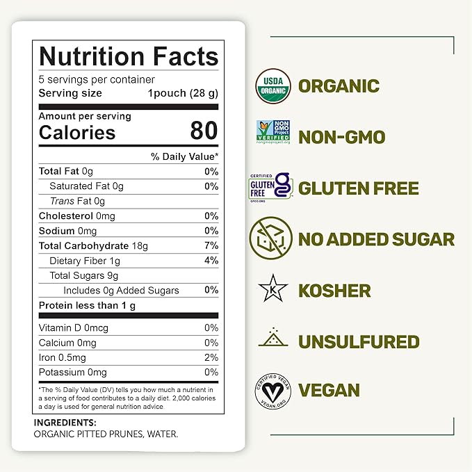 Happy Village Organic Soft Dried Prunes (Plums) On the Go – 3 Bags (15 Individual Portion Packs) | ORGANIC, NON-GMO, GLUTEN-FREE, Vegan, Kosher, | Healthy Dried Fruit Snack Packs