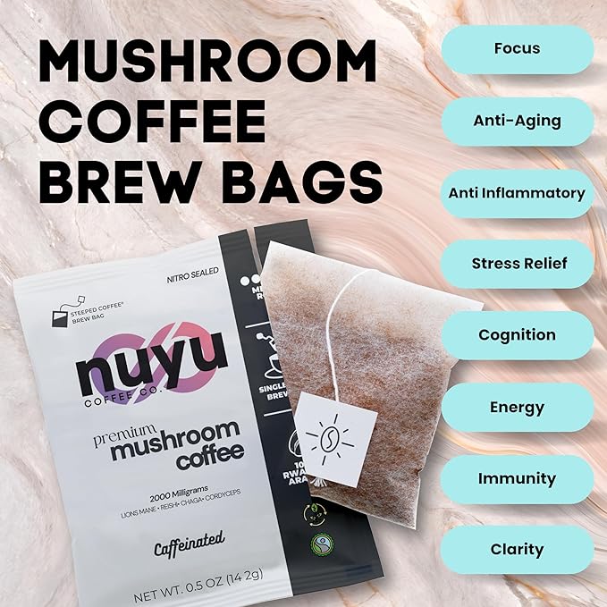 Nuyu Mushroom Coffee Brew Bags - Premium Coffee with 2000mg Functional Mushrooms - Lion's Mane, Chaga, Reishi, Codyceps - Energy, Focus & Immune Support - 7 Count - Medium Roast