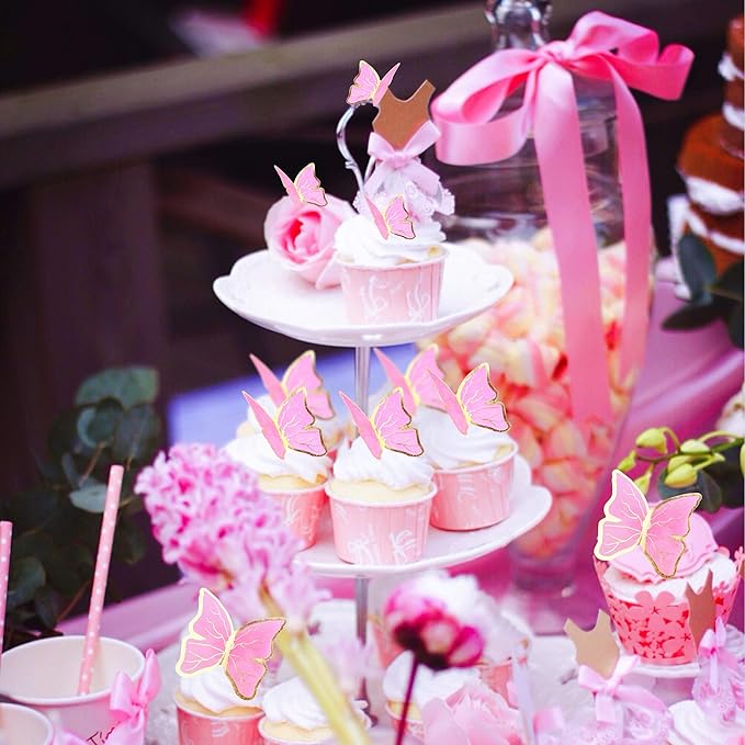 30pcs Pink Gold Edge Mixed Size Lively 3D Waterproof Butterfly Cupcake Topper for Girls Women's Happy Birthday Wedding Party Cake Wall Party Food Decorations