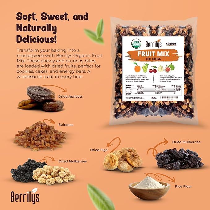 Berrilys Dried Fruit Mix, 2 Lbs, Organic, Diced Figs, Diced Apricots, White Mulberries, Sultanas, Sour Cherries, No Sugar Added, Trail Mix for Baking and Snacking