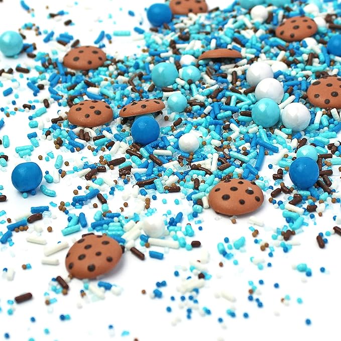 Sprinkle Pop Cookies & Milk Sprinkle Mix| Blue and White Sprinkles with ~6 Hand Piped Chocolate Chips Cookies and Brown Pops| Decorating Sprinkles Made in USA For Birthday Cake Cupcakes Donuts, 2oz
