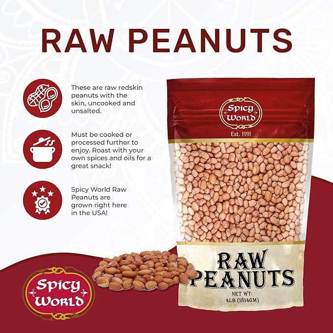 Spicy World Peanuts, Raw Whole With Skin (Uncooked, Unsalted) 4 Pound (64oz) ~ All Natural - USA Grown Red Skin Spanish Grade