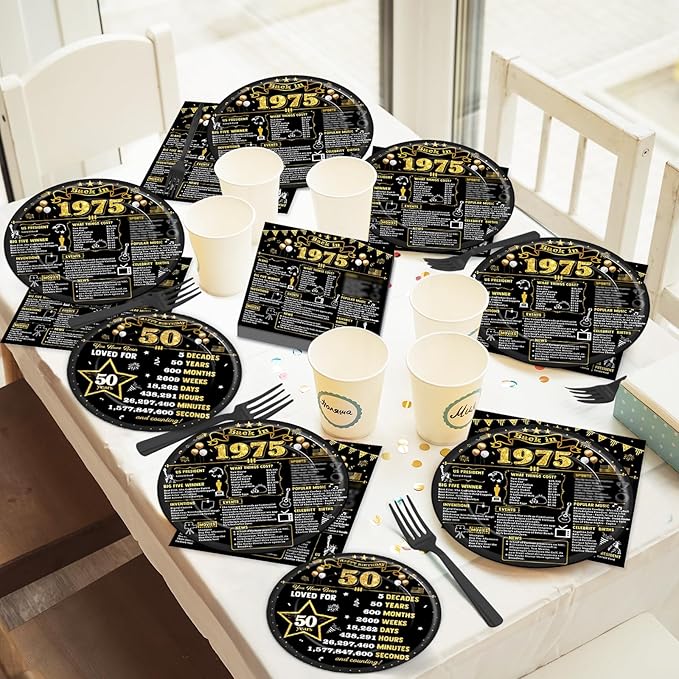 96Pcs 50th Birthday Plates and Napkins Back in 1975 Party Decorations Black Gold 50 Year Old Party Dessert Plates 1975 Tableware for 24 Guests 50th Theme Men Woman Birthday Supplies