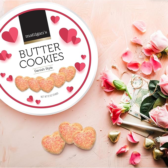 Mattigan's Pink Heart Butter Cookies Danish Style Cookie, 12 Oz Tin, Gourmet Gifts, Holidays, Birthday, Special Occasions, Assorted Cookie Dessert Sweets, Reusable Metal Tin