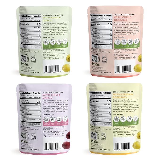 Poshi Natural Whole Pitted Olives | 24 Pack Variety | Basil & Garlic, Chili & Oregano, Chili + Garlic, Lemon & Rosemary | Vegan, Kosher, Gluten Free + Keto Friendly Healthy Snacks, 1.1 Oz (Pack of 24)