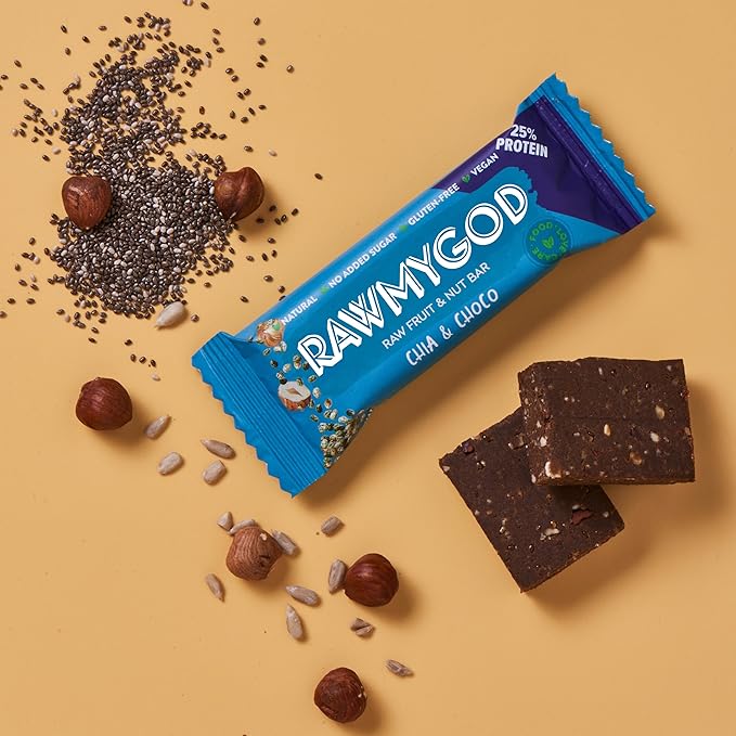 RAWMYGOD Fruit and Nut Bars, Good Source of Protein (10g, 25% protein content), Gluten Free, Vegan, No Added Sugar (16 bars, Chia & Choco)