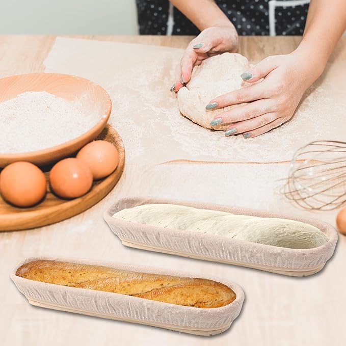 Banneton Bread Proofing Basket - 15 Inch Baguette Sourdough Bread Basket with Liner - Set of 2- Natural Rattan