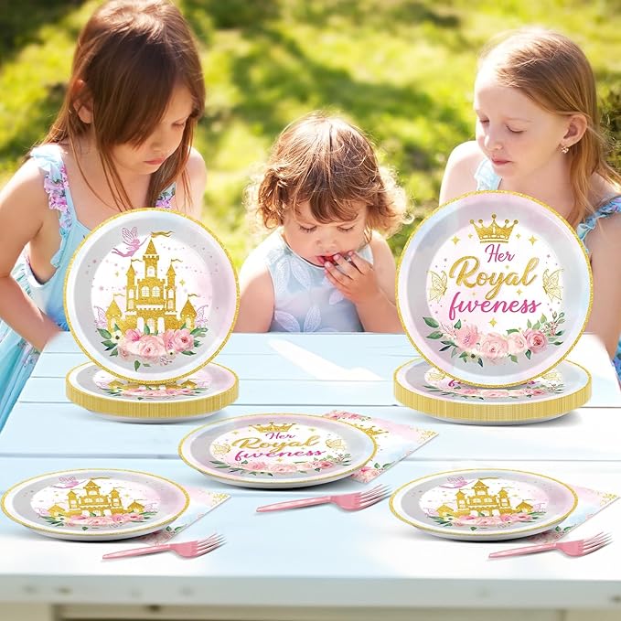 96Pcs Princess 5th Birthday Plates and Napkins Her Royal Fiveness Decorations Princess Party Dessert Plates Rainbow Castle Tableware for 24 Guests 5th Theme Girl Baby Shower Party Supplies