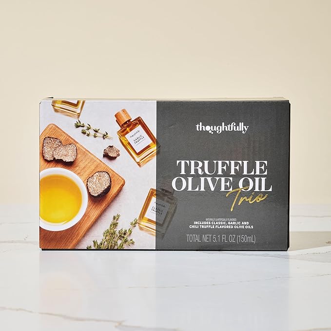 Thoughtfully, Truffle Oil Trio, Includes Classic, Garlic, and Chili Truffle Infused Olive Oil in 1.7 oz Glass Bottles, Set of 3