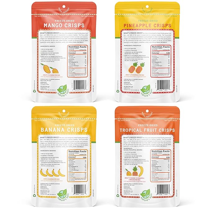 Nature's Turn Freeze-Dried Fruit Snacks, Mixed Tropical (Mango, Pineapple, Banana) Fruit Crisps, Pack of 4 (1.2 oz Each)