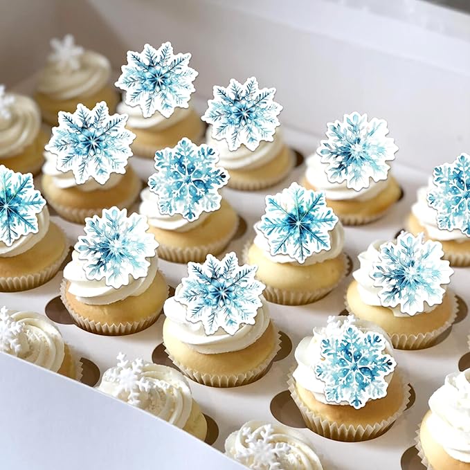 60 PCS Edible Snowflake Cupcake Toppers Snowflakes Cupcake Picks Edible Frozen Birthday Decorations for Winter Wonderland Baby Shower Birthday Christmas Party Cake Decorations Supplies White Blue