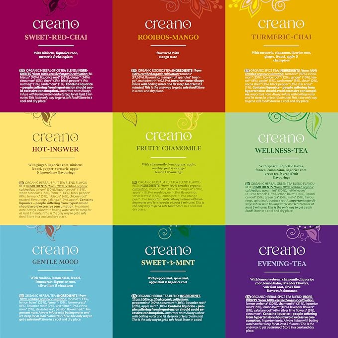 Creano Organic Herbal Tea Gift Set Grey - 45 Organic Tea Bags in 9 Different Varieties - 90 g