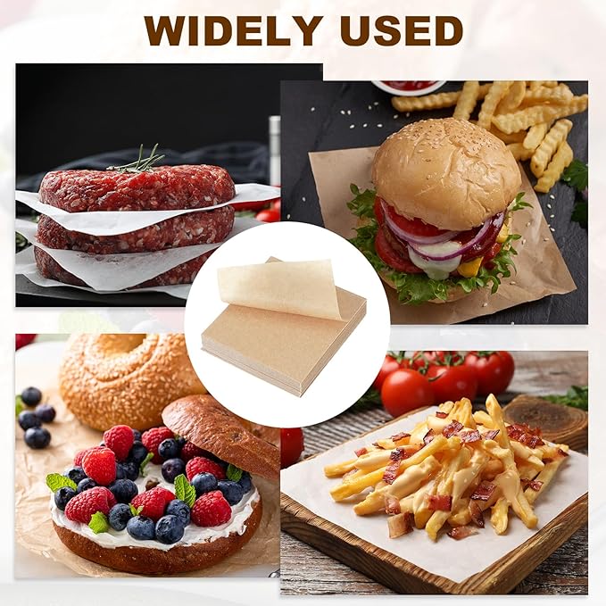 uxcell 500 Pcs Unbleached Parchment Paper Baking Sheets Squares, 2.4 Inch Hamburger Patty Paper, Non Stick Parchment Pulp Paper for Baking Grilling or Meat Storage, Wood Color