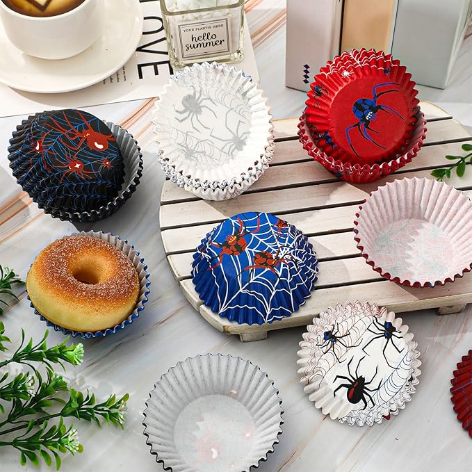 600 Pcs Spider Paper Baking Cups Spider Web Cupcake Liners Red Blue Muffin Liner Cake Paper Cups Storage Container for Birthday Party DIY Crafts Supplies, 2 x 1.2 Inch