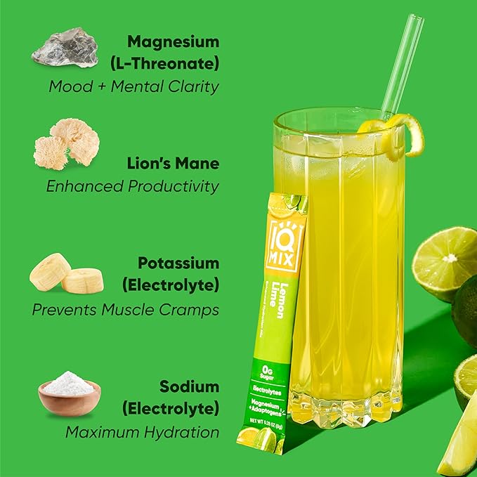 IQMIX Hydration Electrolyte Powder ??4-in-1 Formula for Hydration, Mental Clarity, Mood and Recovery ??Sugar-Free Drink Mix, Keto, Magnesium L-Threonate, Lion?™s Mane ??20 Count Lemon Lime