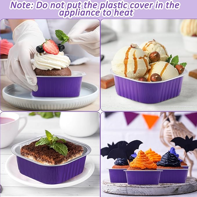 Aoriher 150 Pieces 10 oz Mini Cake Pans with Lids Aluminum Foil Baking Cups Square Disposable 4" x 4" Large Cupcake Cups Baking Tins for Kitchen Brownie Pudding Desserts Holders(Purple)