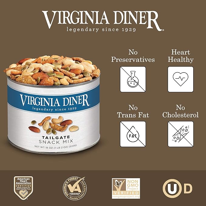 Virginia Diner Tailgate Snack Mix - Gourmet Snack Mix with Cashews, Sesame Sticks, Pepitas & Almonds - Virginia Peanuts Gift Pack Snacks for Adults - 18 Oz Tin