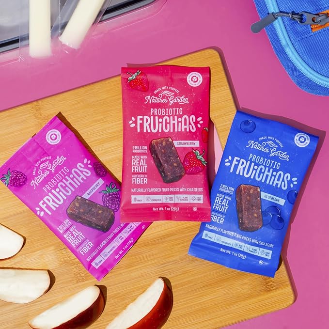Nature's Garden Probiotic Fruichias Variety Pack - 24 Pack x 1oz, Probiotic Fruit Snack with Chia Seeds, Strawberry, Blueberry, Raspberry , No Sugar Added, Made with Real Fruit, Dye-Free, Non-GMO, Gluten-Free, Healthy Snacks for Kids Snacks
