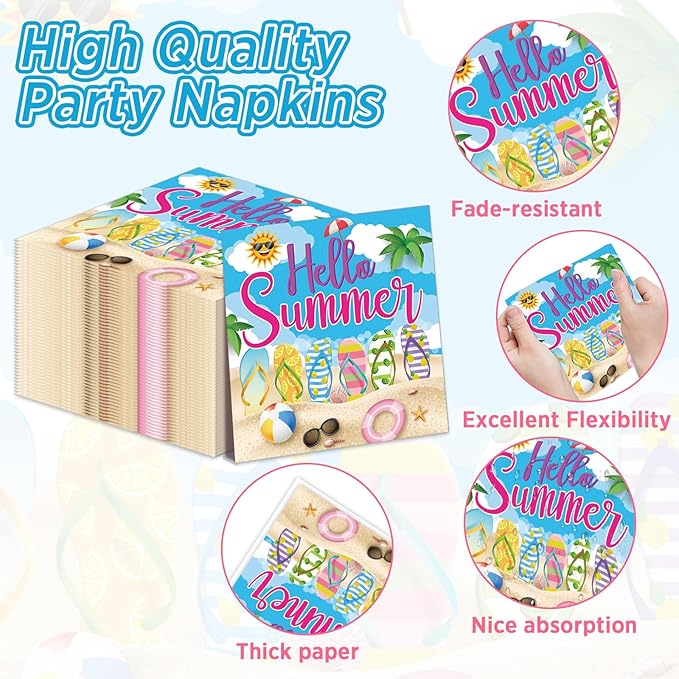 96Pcs Hello Summer Plates and Napkins Beach Party Decorations Hawaiian Tropical Disposable Paper Dessert Plates Tableware Set for 24 Guests Kids Summery Ocean Pool Birthday Party Supplies