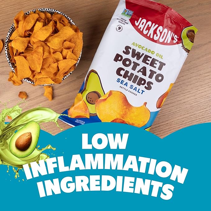 Jackson???Sweet Potato Kettle Chips with Sea Salt made with Premium Avocado Oil (7 Ounce, Pack of 6) - Allergen-friendly, Gluten Free, Peanut Free, Vegan, Paleo Friendly - Shark Tank Product