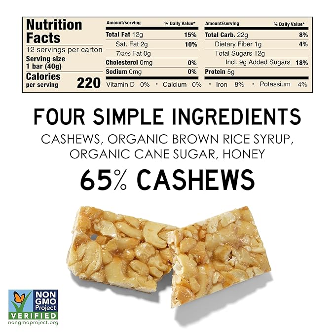 South 40 Snacks Crunchy Cashew Bar, Just 4 Ingredients, Touch of Honey (40g Bar, Pack of 12)