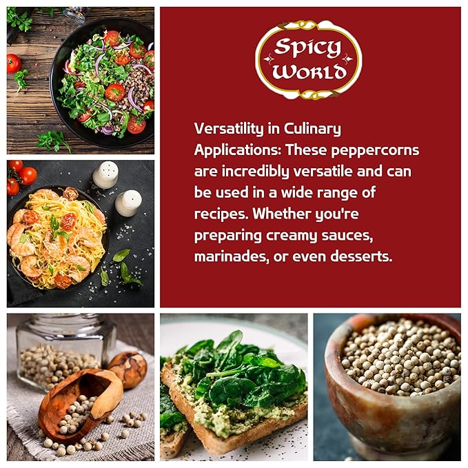 Spicy World Whole White Pepper 3.5 Ounce | 100% Natural & Pure | White Peppercorns | Peppercorn for Grinder Refill | Premium Quality White Peppercorns Whole