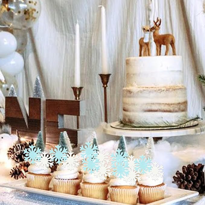 50 PCS Edible Snowflake Cupcake Toppers Edible Snowflake Frozen Cupcake Toppers Wafer Paper Frozen Party Decorations for Christmas Frozen Theme Birthday Party Cake Decorations Supplies Blue and White