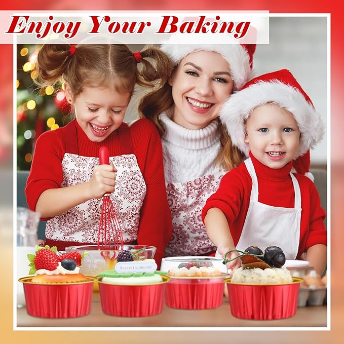 Gejoy 400 Pcs Aluminum Foil Baking Cups with Lids 5 oz Disposable Ramekins Mini Cake Pans Creme Brulee Cupcake Liners Muffin Tins Flan Mold Dessert Container for Wedding(Red,Gold,Classic)