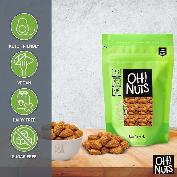 Oh! Nuts Almonds - Raw - 100% Natural - 2 lb - High-Protein Whole Almonds - Packed in New York Zip-Seal Bag for Exceptional Freshness