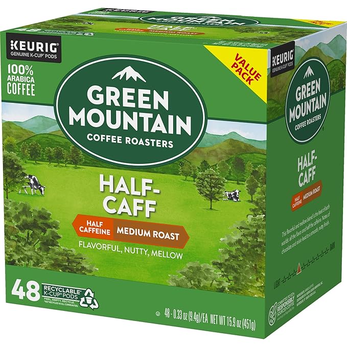 Green Mountain Coffee Roasters Half Caff, Single-Serve Keurig K-Cup Pods, Medium Roast Coffee Pods, 48 Count