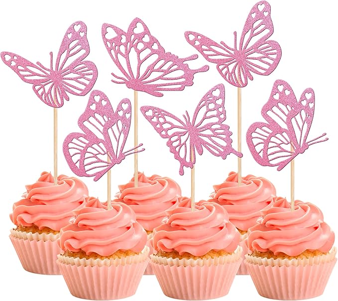 Rsstarxi 24 Pack Pink Glitter Butterfly Cupcake Toppers Glitter Assembled Hollow Butterfly Baby Shower Cupcake Picks Wedding Engagement Bridal Shower Kids Birthday Party Cake Decorations