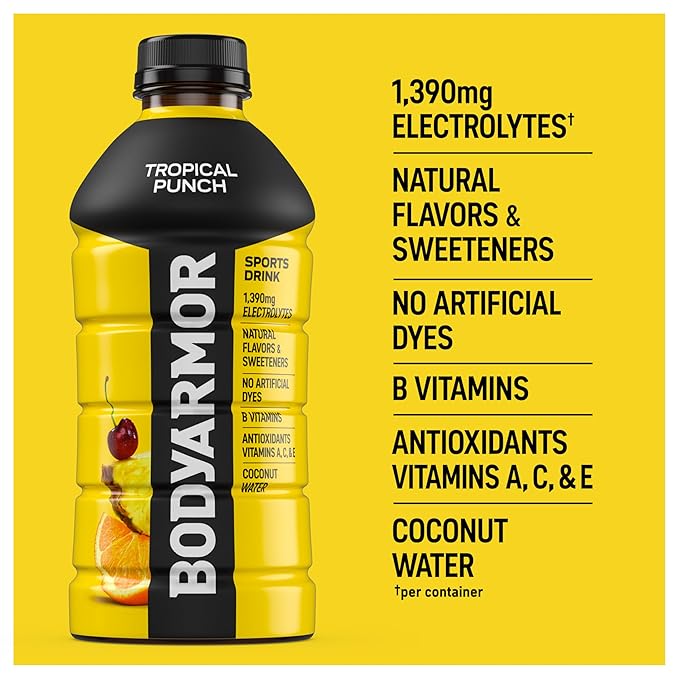 BODYARMOR Sports Drink Sports Beverage, Tropical Punch, Coconut Water Hydration, Natural Flavors With Vitamins, Potassium-Packed Electrolytes, Perfect For Athletes, 28 Fl Oz (Pack of 15)