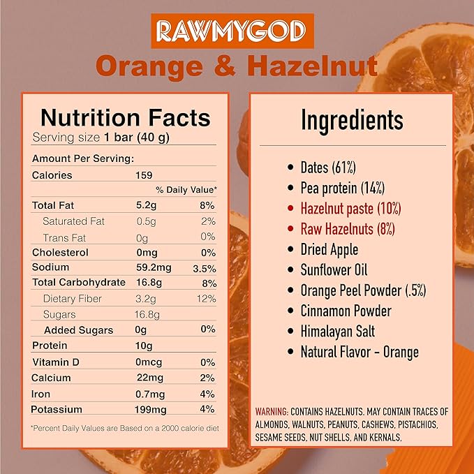 RAWMYGOD Fruit and Nut Bars, Good Source of Protein (10g, 25% protein content), Gluten Free, Vegan, No Added Sugar (16 bars, Orange & Hazelnut)