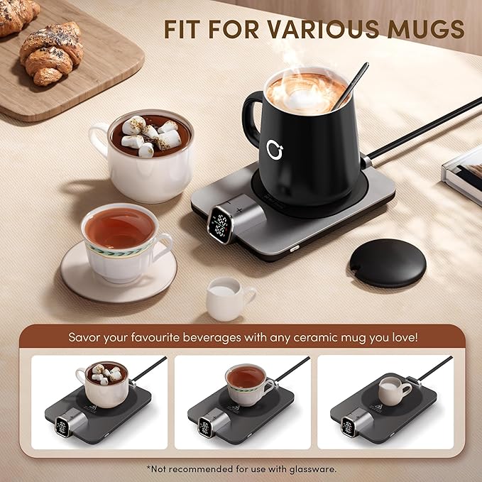Coffee Mug Warmer Set, Temperature Control Smart Heated Mug for Desk, Electric Coffee Warmer with Auto Shut Off & Real-Time Temp Display, Gifts for Men Women, 15oz, Black