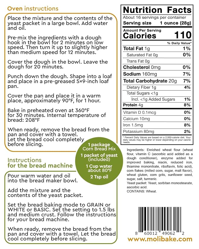 Molibake Corn Bread Mix ??Pack of 2 - All-Natural Baking Mix for Bread Machine and Oven - 15 oz - Bread Mix with Corn Flakes and Grits, Sunflower Seeds - Easy-to-Use Bread Maker Mix for Homemade Baking