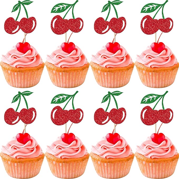 24 Pack Cherry Cupcake Toppers Glitter Red Cherry Cupcake Picks for Fruit Cherry Theme Baby Shower Bridal Shower Birthday Party Cupcake Decorations Supplies
