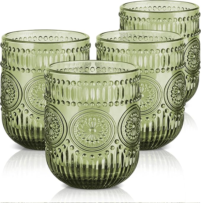 Joeyan Vintage Drinking Glasses Set of 4,9 oz Green Embossed Sunflower Small Water Glass Tumbler Cups,Colored Romantic Beaded Glassware for Beverages Cocktail Juice Wine,Dishwasher Safe