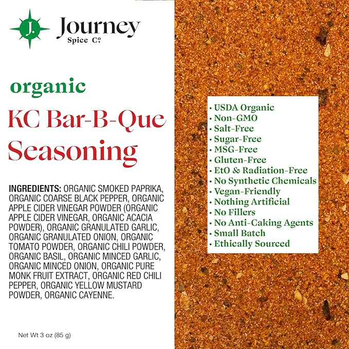Organic KC Bar-B-Que Seasoning by Journey Spice Co. | Gourmet Kansas City BBQ All-Purpose Rub for Chicken, Poultry, Pork, Meat, Veggies | Salt-Free, Sugar-Free, Non-GMO, MSG-Free | Low-Carb, Keto, Low-Glycemic | 3 oz. | Resealable/Reusable Cap