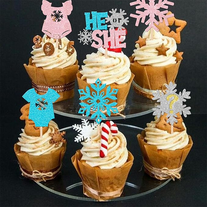 24 PCS Snowflake Gender Reveal Cupcake Toppers Pink Blue Glitter He or She Snowflake Cupcake Picks Boy or Girl Cake Decorations for Gender Reveal Theme Baby Shower Kids Birthday Party Supplies