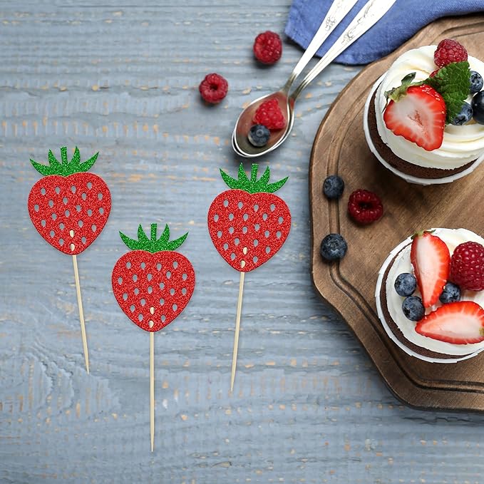 24Pcs Strawberry Cupcake Toppers Red Glitter Fruit Theme Strawberry Cupcake Pick Decorations for Summer Sweet Fruit Baby Shower Kids Birthday Party Cake Decorations Supplies