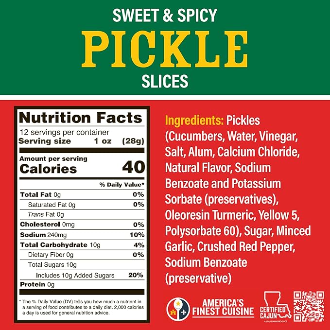 Ragin' Cajun Spicy Sweet Pickle Slices - 12 fl oz Jar, Pack of 2, All Natural - Louisiana Cajun Condiment for Burgers & Sandwiches