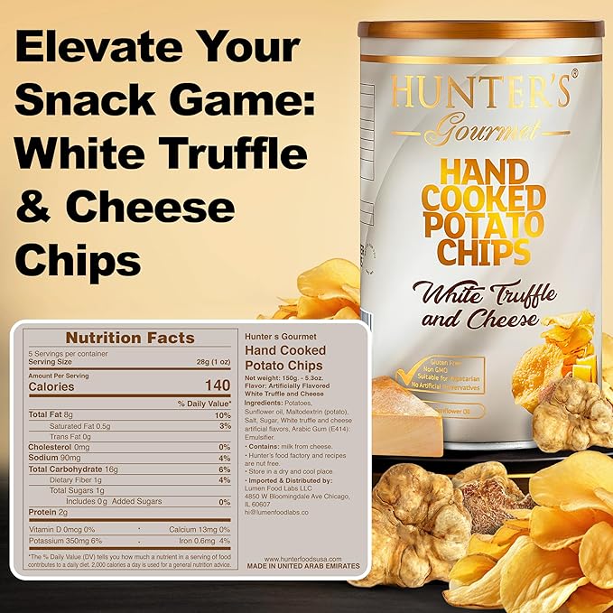 Hunter's Gourmet Crisps | Made with 100% Sunflower Oil | No Artificial Colors | Preservative-Free | White Truffle & Cheese | Backpack Friendly | Gourmet Cheese Snacks | Halal | Pack of 4 | 150g
