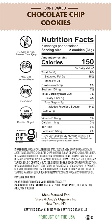 Steve & Andy?™s Deliciously Induldent Soft Bake Chocolate Chip Cookies ??Organic, Gluten Free, Non-Gmo, Nut Free, Wheat Free, Soy Free ??5.5 Oz, 1 Box (10 Cookies)