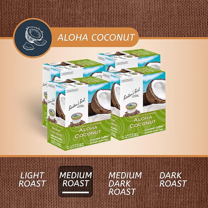 Bostonโs Best - Aloha Coconut Flavored Delicious Gourmet Coffee Compatible with Keurig Coffee Maker, 24 Count (Pack of 4)