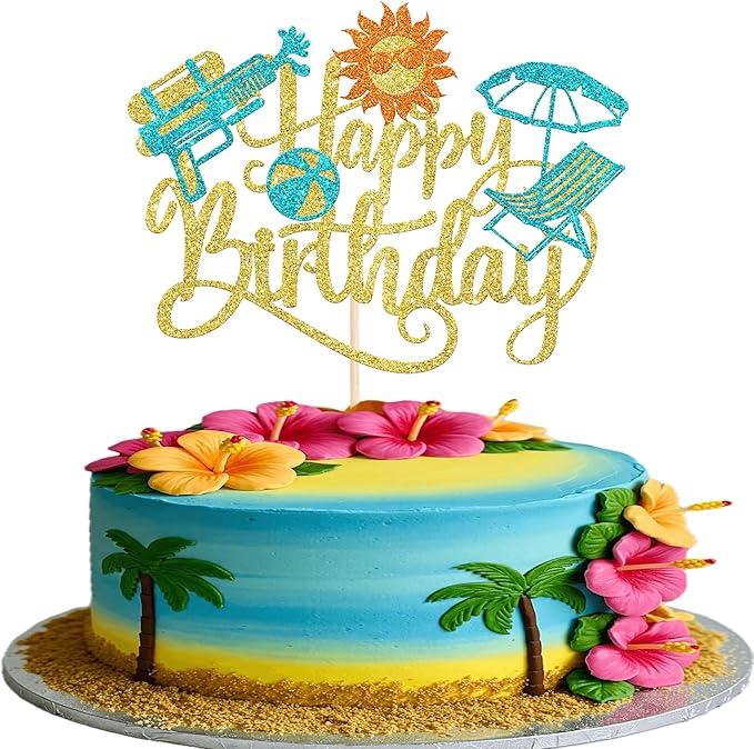 1 Pack Summer Beach Happy Birthday Cake Topper Tropical Hawaiian Water Gun Cake Pick Glitter Umbrella Pool Holiday Cupcake Decoration for Summer Baby Shower Birthday Party Supplies Gold